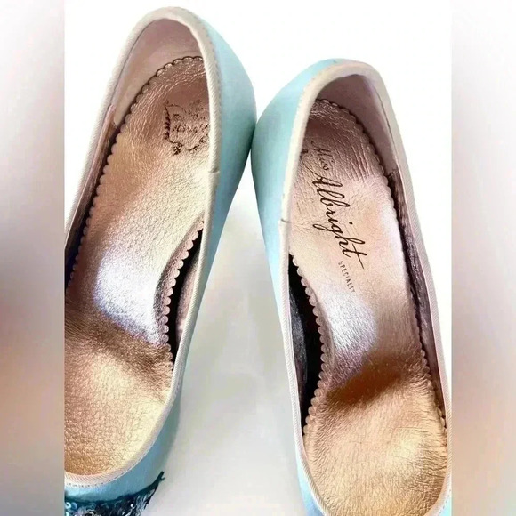 Miss Albright Bijou Teal Blue Satin & Beaded Sequin Rhinestone Cap Toe Heels - Picture 4 of 16